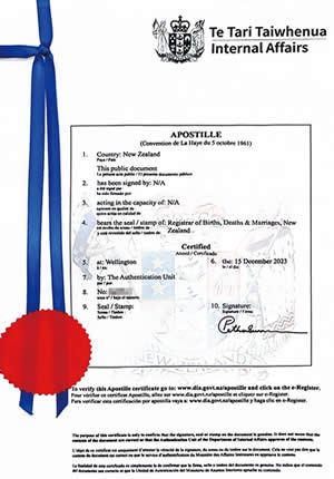 新西蘭公民姓名更改證明海牙認證樣本