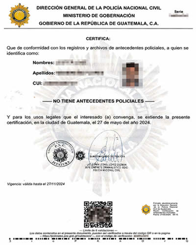 危地馬拉Guatemala無犯罪記錄證明海牙認(rèn)證樣本