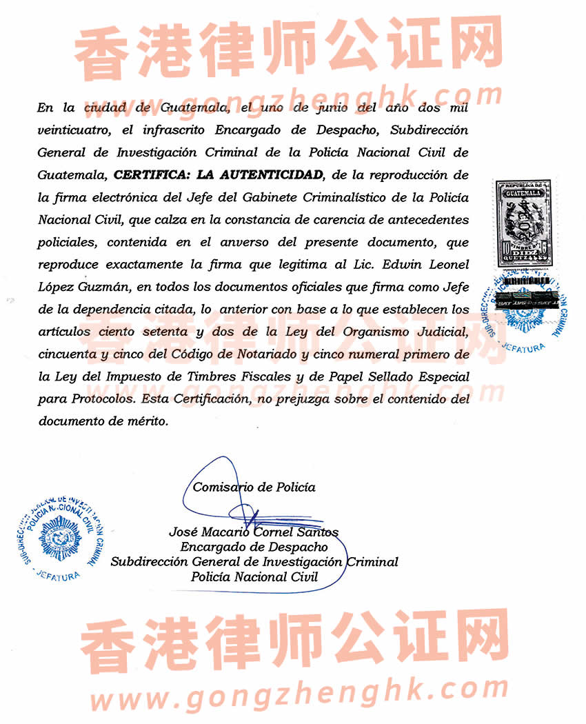 危地馬拉無(wú)犯罪記錄證明海牙認(rèn)證樣本