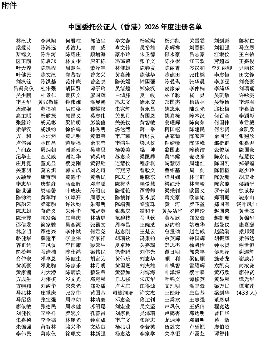 2026年最新注冊的中國委托公證人（香港）名單